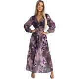 numoco basic Numoco pleated chiffon long dress with neckline, long sleeves and wide belt | ePonuda.com