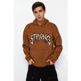 Trendyol Light Brown Men's Oversize/Wide-Cut Fleece Inner Hoodie with Text Embroidered Sweatshirt. | Shoptok.si