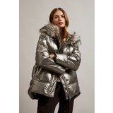 Moodo Women's metallic jacket with fur hood - beige Cene