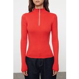 Trendyol Red Cotton Blend Zippered Stand Collar Thin Knit Sweater | Shoptok.si