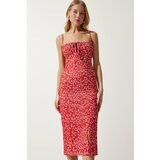 Happiness İstanbul Women's Red White Floral Slit Summer Knitted Dress cene