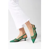 Mio Gusto Diane Green Color Mesh Detailed Open Back Women's Short Heeled Shoes.