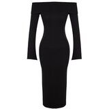 Trendyol Black Fitted/Sticky Carmen Collar Corsair Soft-Texture Midi, Stretch Knit Dress Cijene