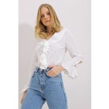 Trend Alaçatı Stili Women's White Long Sleeve V Neck Jacquard Frilly Blouse | Shoptok.si