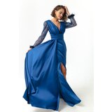 Lafaba Women's Indigo V-Neck Long Evening Dress with a Slit with Jewels on the sleeves. cene