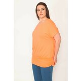 Şans Women's Plus Size Orange Crew Neck Hem Banded Low Sleeve Tunic Cene