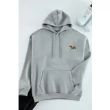 Trendyol Grey Oversize/Wide Cut Hooded Animal Embroidered Fleece Inside Sweatshirt