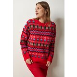 Happiness İstanbul Women's Red Patterned Wool Knitwear Sweater Cene