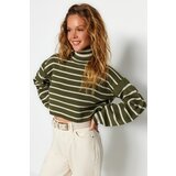 Trendyol Khaki Crop Striped Knitwear Sweater Cene
