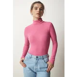  Women's Pink Turtleneck Ribbed Knitted Blouse