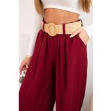 Kesi Włoski Women's viscose trousers with decorative belt burgundy | shoptok.hr