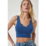 Happiness İstanbul women's indigo blue strappy crop knitted blouse Cene