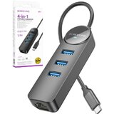  HUB + GLAN Ethernet Adapter BOROFONE DH6 Erudite 4-in-1, 3.0x3 +RJ45 black | Eponuda.ba
