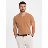 Ombre Men's BASIC classic cotton T-shirt with a v-neck - brown Cene