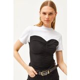Olalook Women's Black and White Lycra Draped Detail Lycra Blouse | ePonuda.com