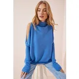  Women's Indigo Blue Cut Out Detailed Oversize Knitwear Sweater