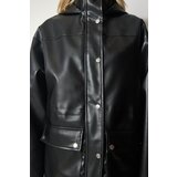  Women's Black Hooded Faux Leather Coat with Pocket | shoptok.hr