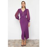 Trendyol Purple Tulle Sleeve Detailed Woven Long Evening Dress cene