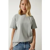 Happiness İstanbul Women's Stone Gray Loose Basic Cotton T-Shirt