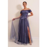 By Saygı Rope Straps Madonna Collar Front Slit Lined Tulle Long Dress