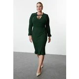 Trendyol Curve Emerald Green Corded Shirt Collar Double Breasted Knitwear Dress