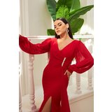 Carmen Red Chiffon Long Evening Dress with Buckle Detail | ePonuda.com