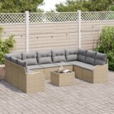 vidaXL 10 delni vrtni sofa set z blazinami črn poly ratan, 2-sedežna vrtna sofa s prostorom za shranjevanje in blazinami bež poly ratan | Shoptok.si