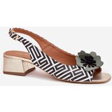 Laura Messi Leather Women's Sandals On A Block Heel With Decorative Flower 2973 White-Black | Shoptok.si