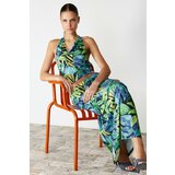 Trendyol Green Floral Printed Fitted/Fitted Degaje Collar Flexible Knitted Bottom-Top Suit Cene