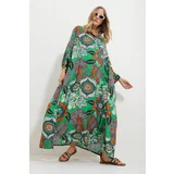 Trend Alaçatı Stili Women's Green Dominate Buttoned Woven Patterned Dress