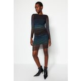 Trendyol Multicolored Crewneck Printed Mini Knitted Dress with Shirring and Fitted Details Cene