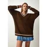  Women's Brown V-Neck Oversize Long Knitwear Sweater | Eponuda.ba