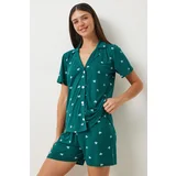 Happiness İstanbul Women's Dark Green Heart Viscose Shorts Shirt Pajama Set