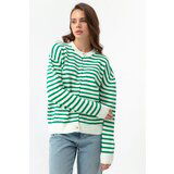 Lafaba Women's Green Gold Buttons Striped Knitwear Cardigan Cene