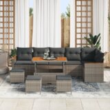 vidaXL 10-delni vrtni kavč set s blazinami siva poli ratan akacija | Shoptok.si