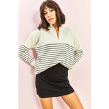 Bianco Lucci Women's Turtleneck Zipper Striped Knitwear Sweater Cene
