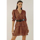 By Saygı Leopard Patterned Layered Satin Dress With Double Breasted Collar Waist Belt Lined Cene