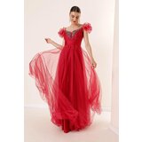 By Saygı Front Back V-Neck Rope Straps Low Sleeves Stone Detailed Lined Long Tulle Dress Red Cene