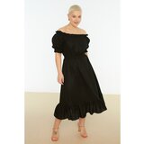 Trendyol Black Pleated Carmen Collar Woven Dress Cene