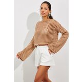 Cool & Sexy Women's Camel Spanish Knitwear Short Blouse with Openwork Sleeves Cene