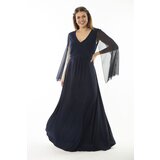 Şans Women's Plus Size Navy Blue Waist Detailed Sleeves Tulle Evening Dress cene