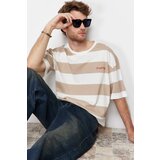 Trendyol Brown Men's Oversize Text Embroidered Striped 100% Cotton T-Shirt Cene