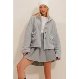 Trend Alaçatı Stili Women's Gray Hooded Plush Coat with Double Pockets