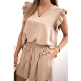 Kesi Włoski Women's set made of viscose, blouse with ruffles and short shorts camel | shoptok.hr
