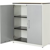 mauser Omara s krilnimi vrati, VxŠ 1168 x 1000 mm, plošča s polnim jedrom iz HPL, 2 polici, čista bela / aluminijasto siva / javor | Shoptok.si