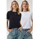  Women's Black and White Crew Neck 2 Pack Basic Knitted T-Shirt Cene