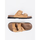 Shelvt Caramel women's flip-flops with gold buckles | ePonuda.com