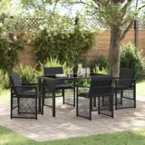 vidaXL 5-delni set za vrt z blazinami Črn poli ratan, vrtna miza Črna 140x80x73 cm Tempered Glass | Shoptok.si