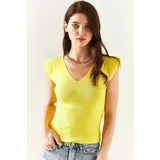 Olalook Women's Yellow Knitwear With Shoulders And Skirt Detailed Front Back V-Shirt