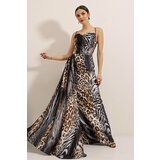 By Saygı Lined Leopard Pattern Satin Long Dress With Rope Straps Black Cene